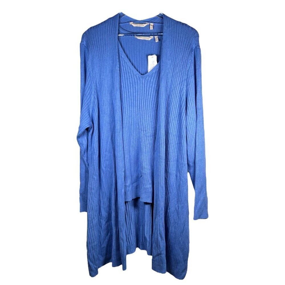 Soft Surroundings Soft Essentials Ribbed Sweater Tank Cardigan Set 3X Blue Stret